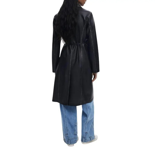 Black faux leather trench coat with tie waist and white stitching for Desigual Women Blazer