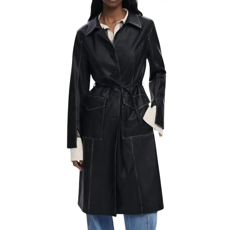 Black faux leather trench coat with white stitching and tie waist for Desigual Women Blazer
