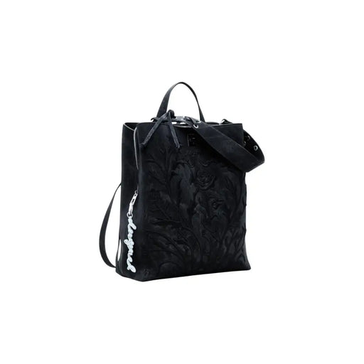 Black embossed floral polyurethane backpack with adjustable straps and top handle for women