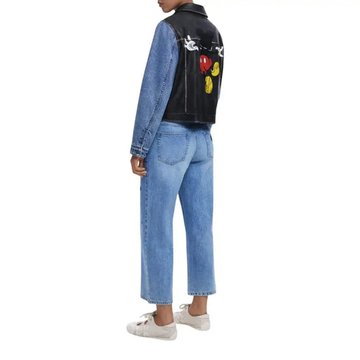 Black leather and blue denim jacket with Mickey Mouse design on the back for Desigual Women Blazer