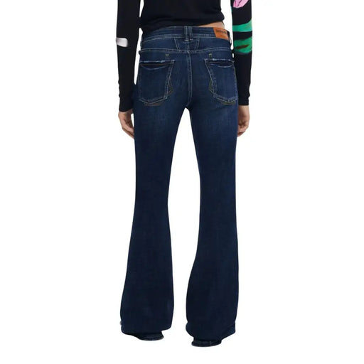 Dark wash flared jeans with a brown patch on the back waistband for Desigual Women Blue Zip Button Jeans for Fall Winter