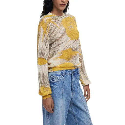 Women’s abstract print yellow knit sweater with long round neckline from Desigual Fall Winter collection