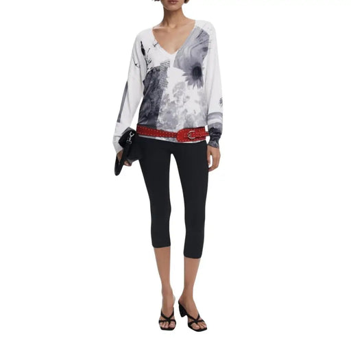 Women wearing Desigual white and grey floral long-sleeve V-neck knitwear top