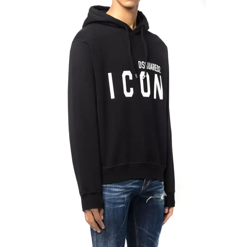 Black cotton hooded sweatshirt with DSQUARED2 ICON in white text for men