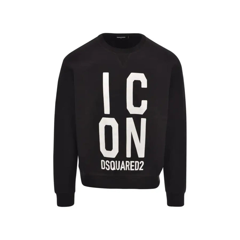 Black Cotton Crew Neck Sweatshirt with ICON Print for Men by Dsquared