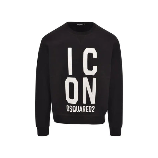 Black Cotton Crew Neck Sweatshirt with ICON Print for Men by Dsquared