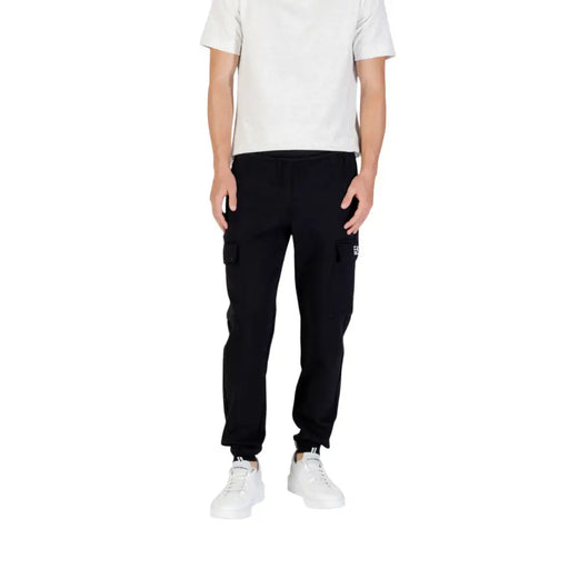 Men’s black cotton blend cargo joggers with white logo on left leg from Ea7 collection