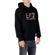 Men’s black cotton hooded sweatshirt with gold EA7 EMPORIO ARMANI logo and front pockets