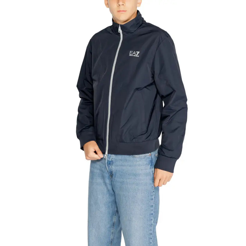 Dark blue Ea7 men’s bomber jacket with white zipper and front logo detail