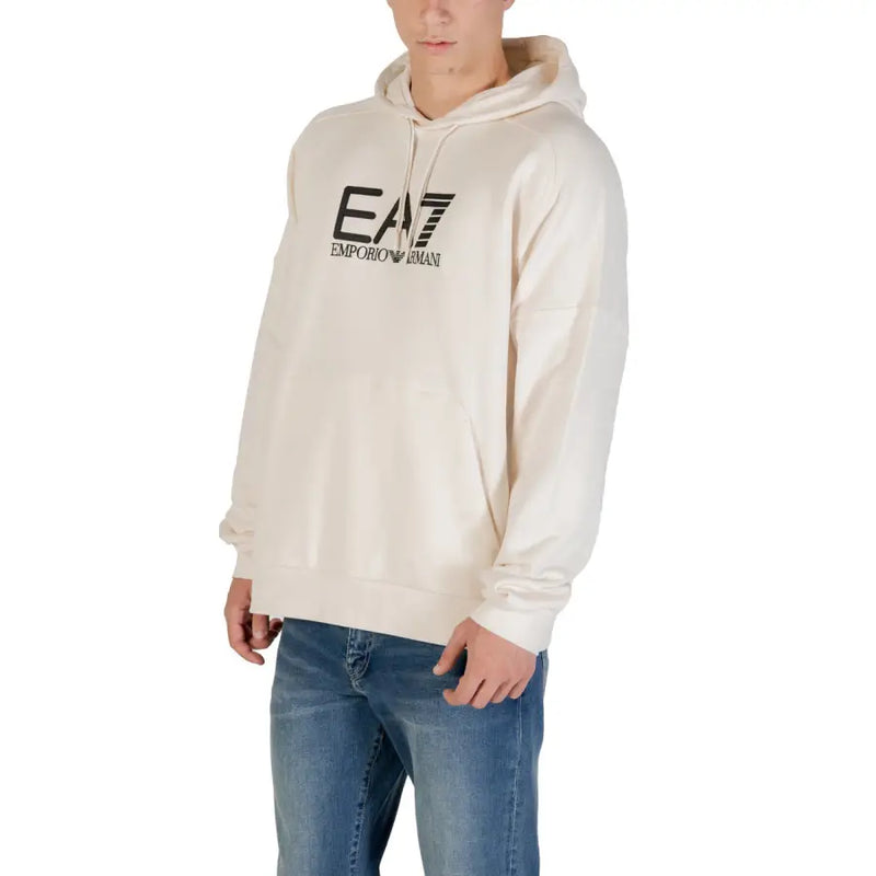 Men’s off-white EA7 EMPORIO ARMANI hooded sweatshirt with front pockets and logo