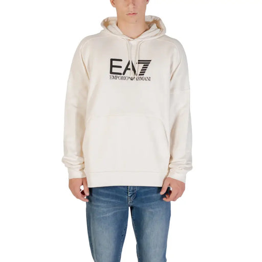 Men’s cream-colored hooded sweatshirt with black EA7 EMPORIO ARMANI logo and front pockets