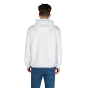 Men’s white cotton blend hooded sweatshirt paired with blue jeans displayed in product image