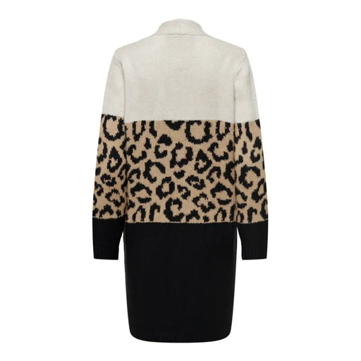 Elegant black leopard print long lapel collar cardigan for women featuring color-block design
