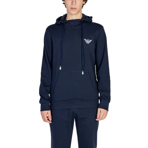 Emporio Armani Blue Hooded Mens Sweatshirt with kangaroo pocket and white drawstrings