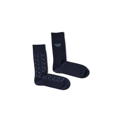 Two pairs of dark blue socks, one solid with emblem, other patterned, from Emporio Armani Men Blue Printed Cotton Underwear