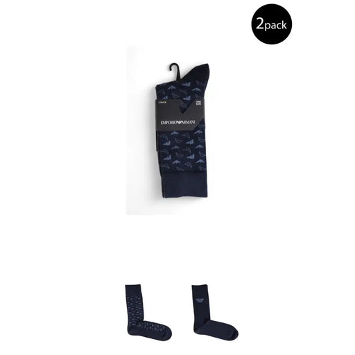 Men’s navy blue Emporio Armani socks two-pack with subtle pattern and logo design