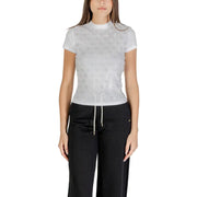 White lace mock-neck short-sleeve T-shirt with drawstring hem for women