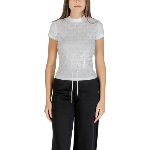 White lace mock-neck short-sleeve T-shirt with drawstring hem for women