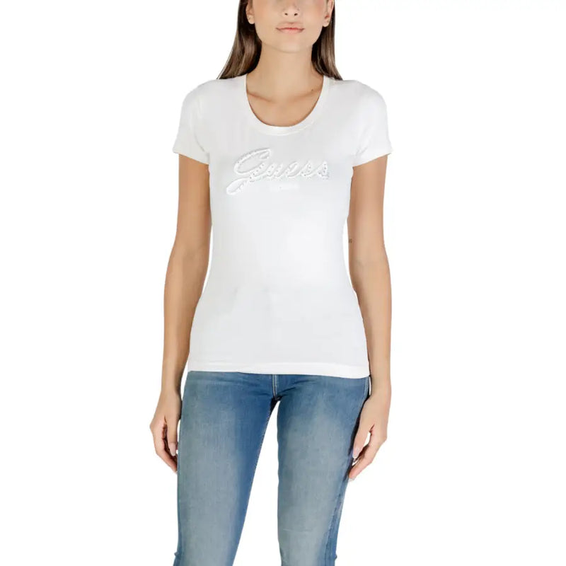 White fitted short-sleeve T-shirt with scoop neck and embroidered Guess logo