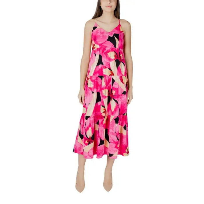 Pink floral tiered maxi dress with elegant midi-length floral print design