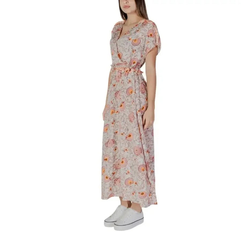 Floral print wrap dress by B.young in pink, featuring a V-neck and short sleeves