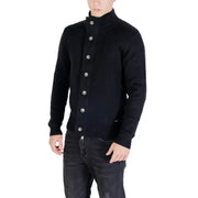 Men’s black knit cardigan with high collar and silver buttons for Gianni Lupo blazer collection