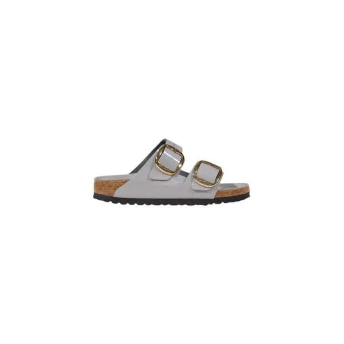 Gray double-strap sandal with gold buckles displayed in the Gray Double Strap Sandal With Gold Buckles product image