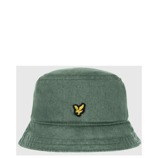 Green bucket hat featuring a yellow logo for stylish sun protection and casual wear
