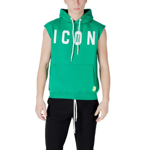 Green sleeveless hoodie with white drawstrings displayed in the product image
