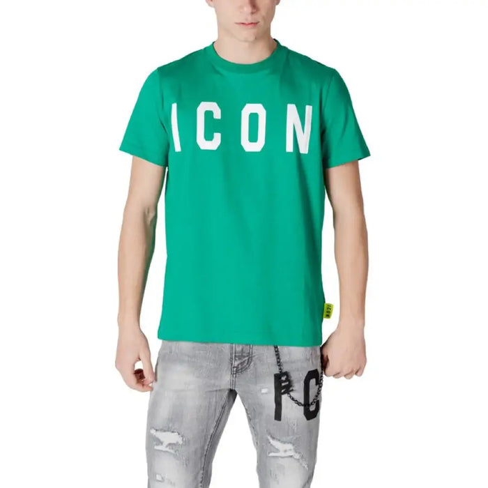 Green t-shirt featuring ICON text from Icon Men White Cotton Round Neck T-Shirt