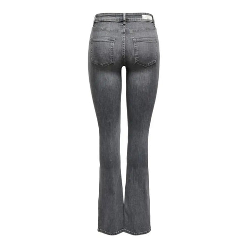 Women’s dark gray high-waist flared jeans with pockets and zip button closure