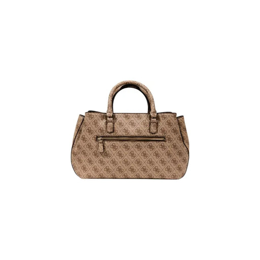 Light brown Guess tote bag with dark brown straps, logo pattern, zipper, and outside pocket