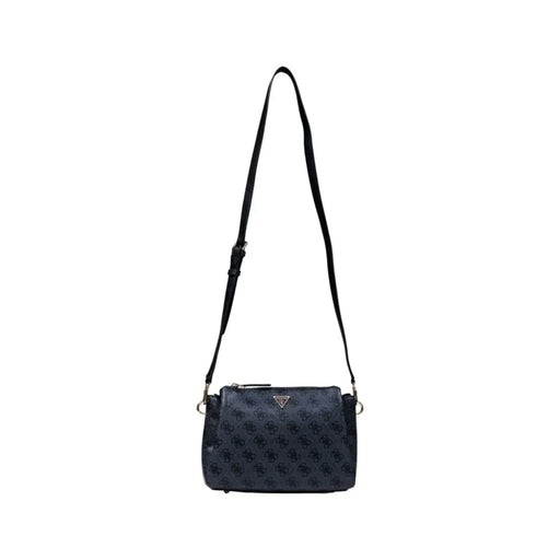 Dark grey Guess monogram crossbody bag with black strap and gold-tone hardware
