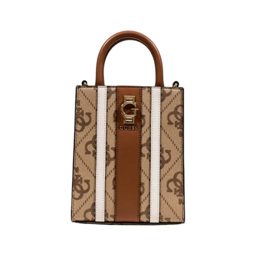 Tan and brown patterned Guess tote bag with top handles for women