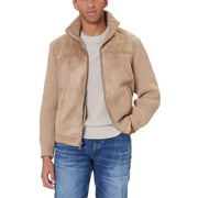 Tan suede bomber jacket with corduroy sleeves and shearling collar