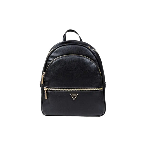 Black faux leather Guess backpack with gold zippers and triangular logo for women