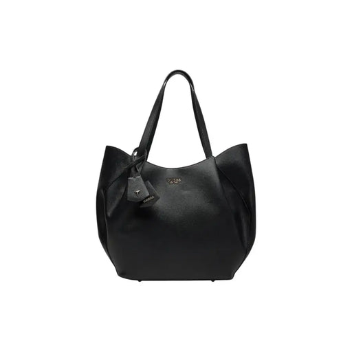 Black faux leather tote bag with shoulder straps and detachable charm for Guess Women Fall Winter collection