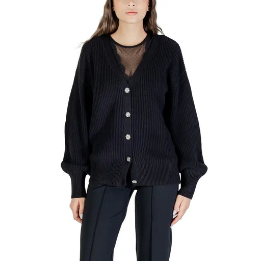 Black ribbed knit Guess Women long V neck buttoned cardigan with embellished buttons