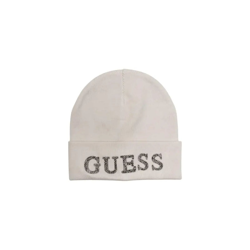 White knit beanie with GUESS in glittery letters, ideal for Fall Winter seasons