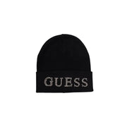 Black knit beanie with GUESS spelled in glittery letters for fall winter season