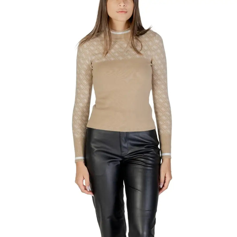 Women’s long-sleeve high-neck two-tone top with sheer patterned yoke paired with black leather-look trousers