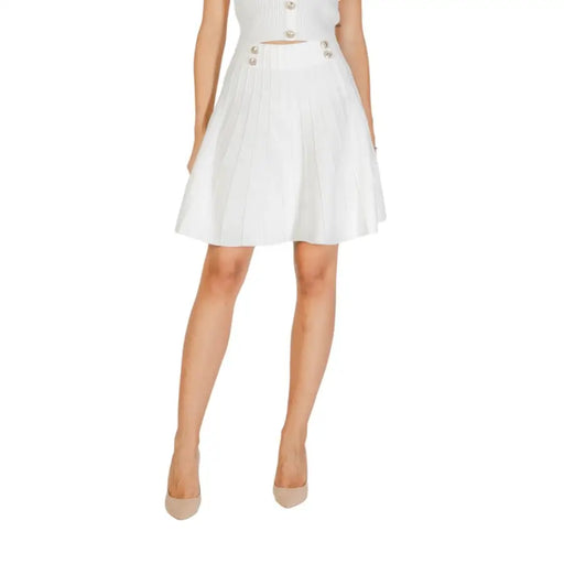 White viscose blend mini skirt with pleats and decorative silver buttons for women