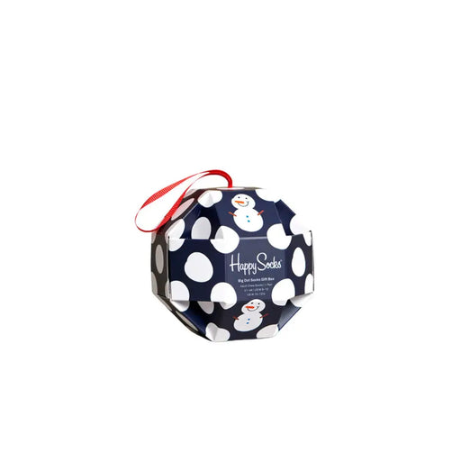Navy polka dot Happy Socks gift box shaped like an ornament with snowman illustrations and red ribbon