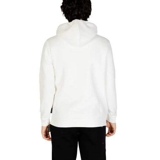 Person wearing white hooded sweatshirt with print, viewed from behind, product shot