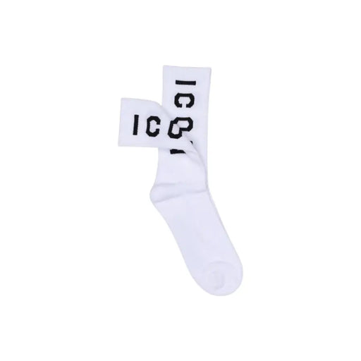 White crew socks with ICON in black on the cuff, ideal for spring summer wear