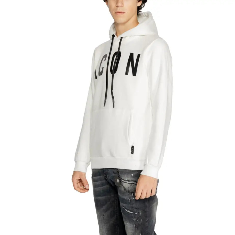 Men’s white hooded sweatshirt with black drawstrings and ICON logo paired with distressed dark grey jeans
