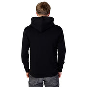 Black hooded zip sweatshirt with long sleeves paired with distressed dark jeans for men