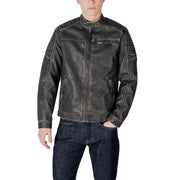 Men’s distressed black faux leather biker jacket with band collar and zip front