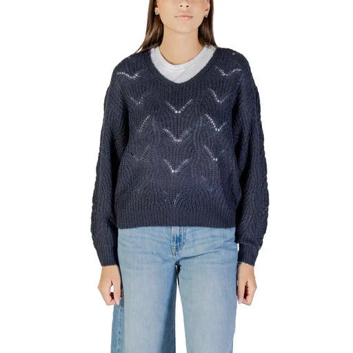 Women’s navy blue open-knit V-neck long-sleeve sweater from Jacqueline De Yong