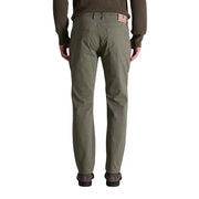 Men’s olive green casual cotton elastane trousers with brown leather patch on back waistband